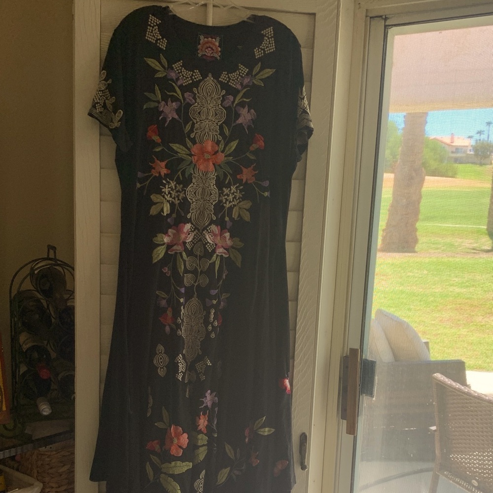 Johnny Was Black Maxi Dress with Floral Embroidery handkerchief hem line